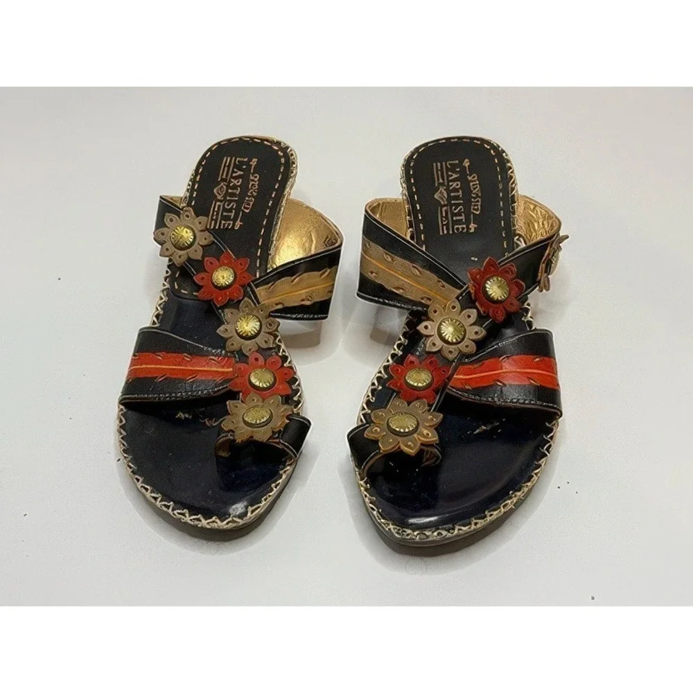 L'Artiste by Spring Step Leather Flower Sandals Women's 39 US 8.5 Black Red Boho